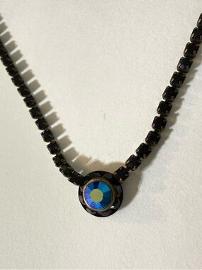Retired SORRELLI 16" Necklace – Jet Black & Blue Crystal – Antique Brass